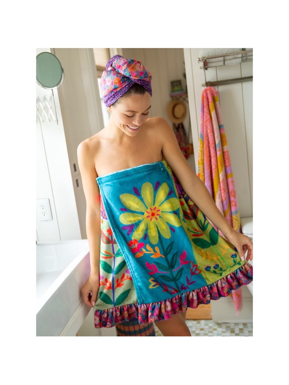 Natural Life Womens Boho Cozy Bath Shower Terry Floral Towel Wrap Size S/M  NWT